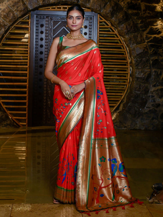 True Red Woven Paithani Saree