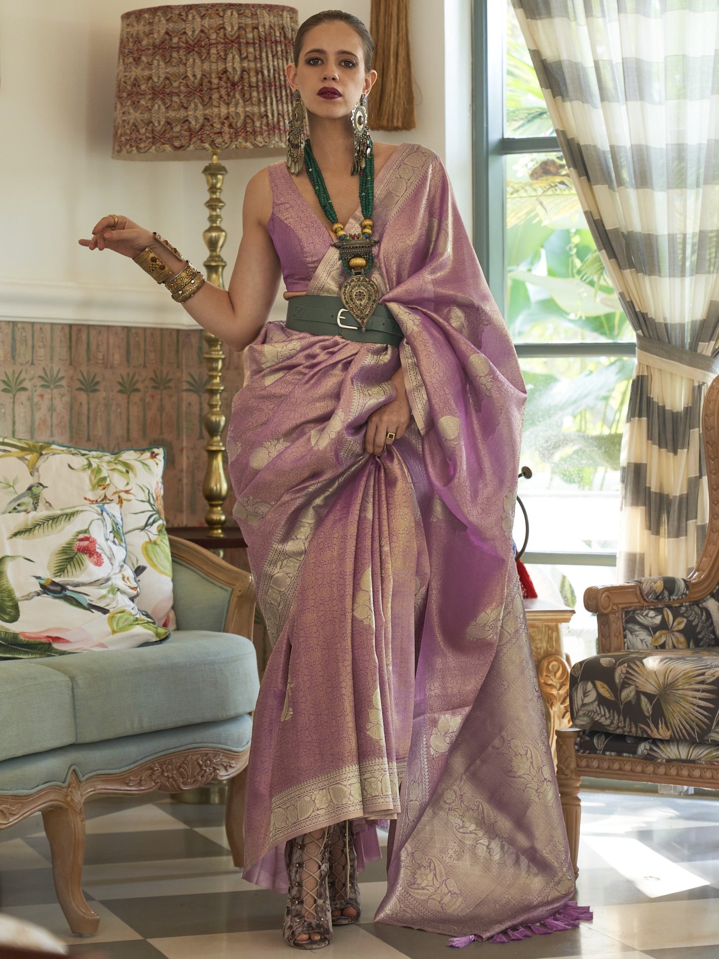 Lilac Purple Satin Tissue Silk Saree