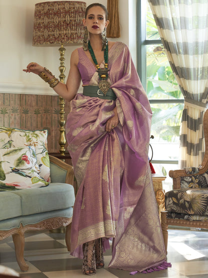 Lilac Purple Satin Tissue Silk Saree