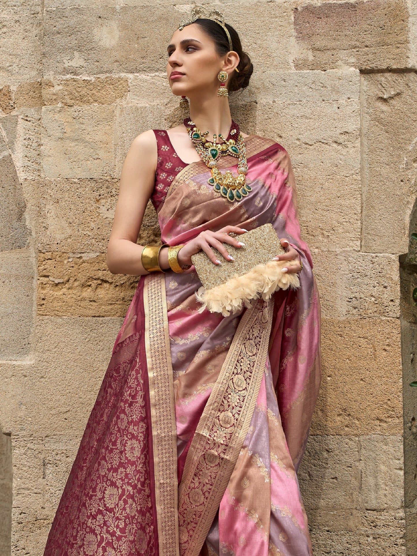Maroon with Multicolor Banarasi Print Soft Silk Saree