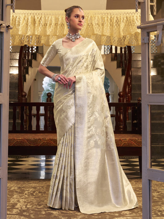 Silver White Woven Banarasi Satin Silk Saree