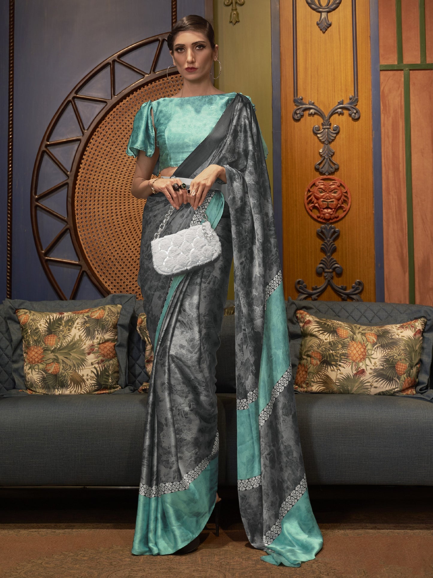 Cloud Gray Satin Silk Printed Saree