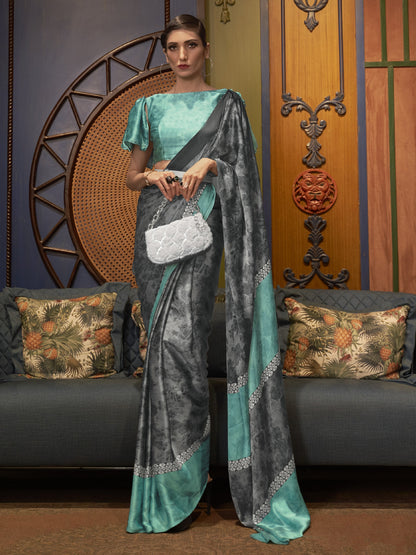 Cloud Gray Satin Silk Printed Saree