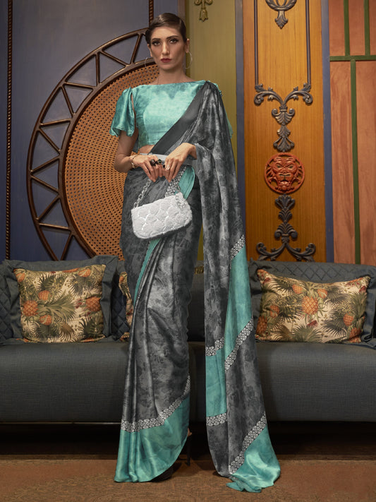 Cloud Gray Satin Silk Printed Saree