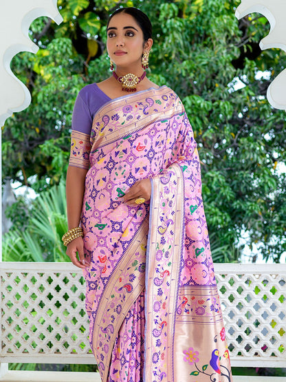 Pink & Lavender Woven Patola Paithani Silk Saree