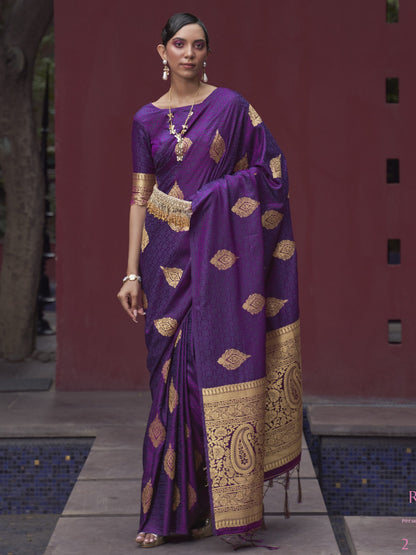 Russian Violet Satin Silk banaras saree