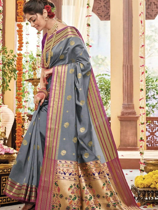 grey pink paithani saree