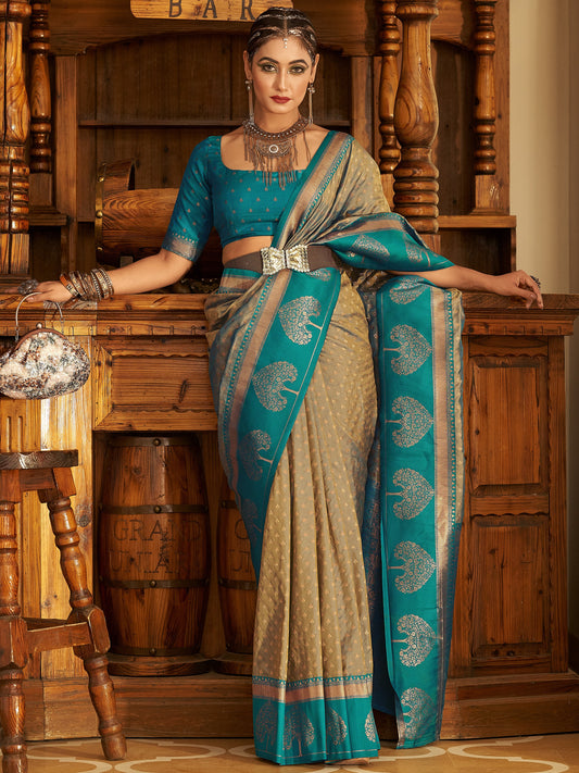 Tan Beige Woven Banarasi Soft Silk Saree