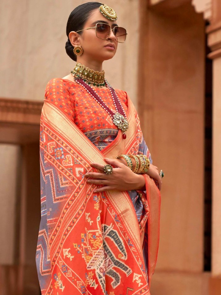 Gray and Orange Patola Saree