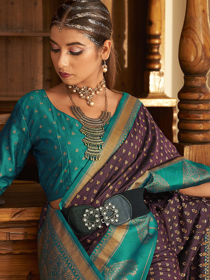 Coffee Maroon Woven Banarasi Soft Silk Saree