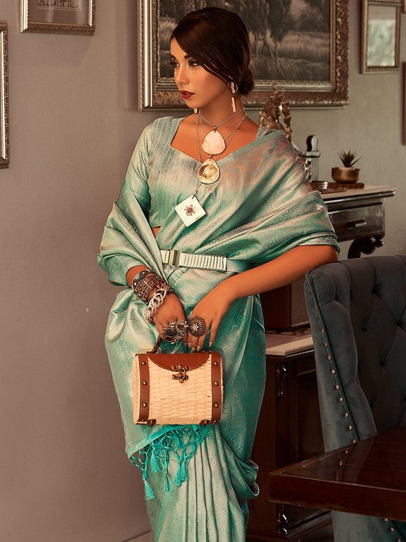 Glass Turquoise Woven Kanjivaram Saree