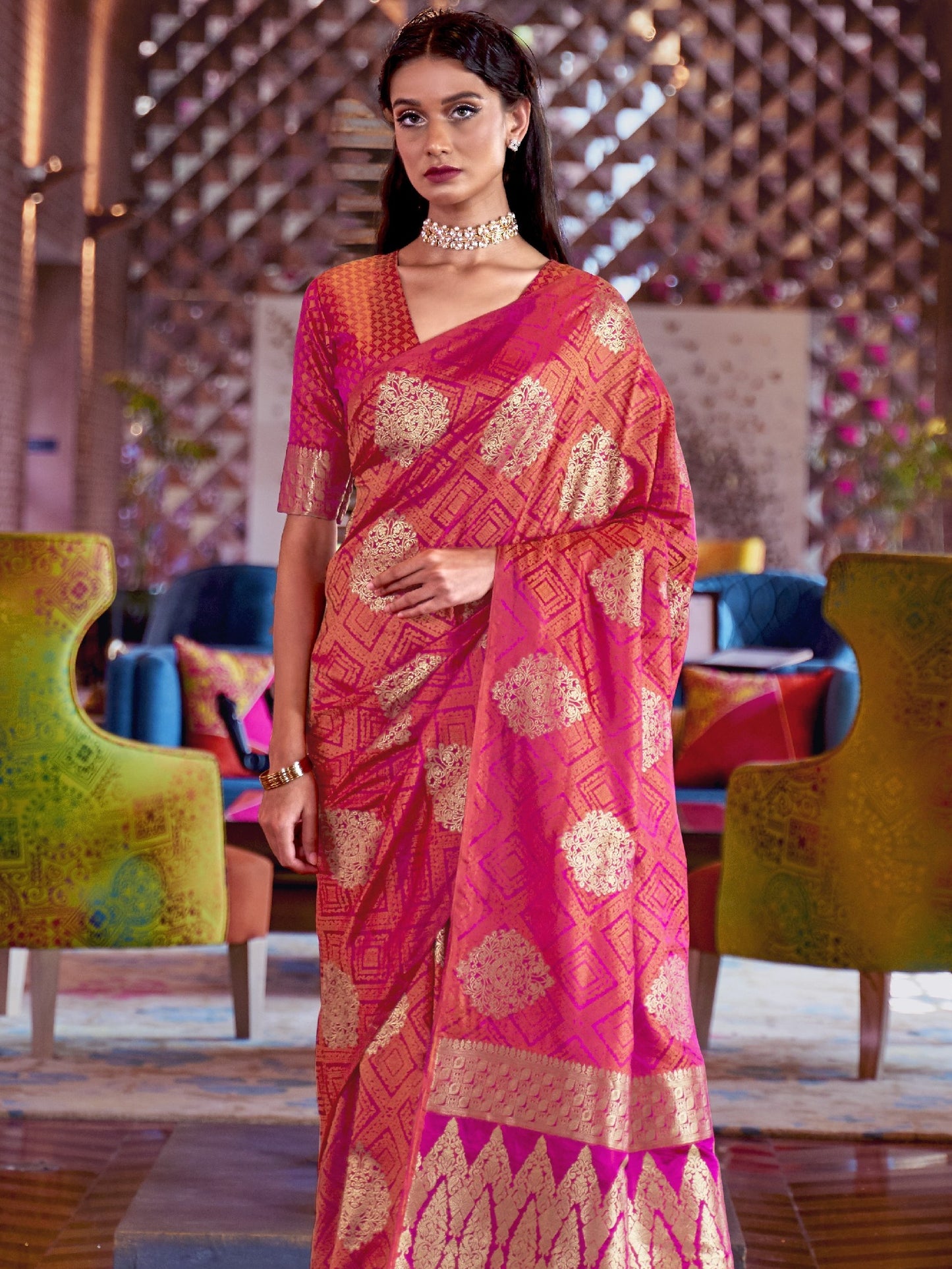 Georgia Pink Satin Silk Banarasi Saree