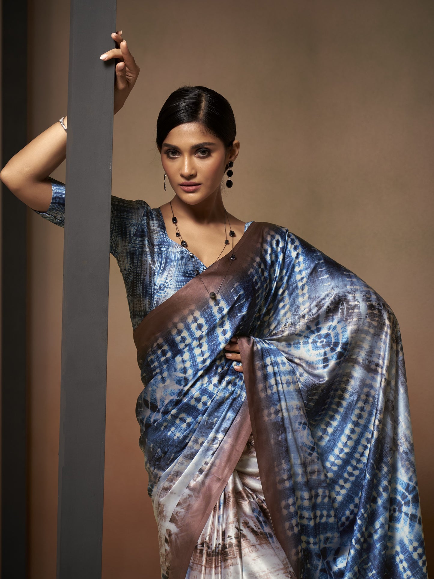 Brown & Blue Satin Silk Printed Saree