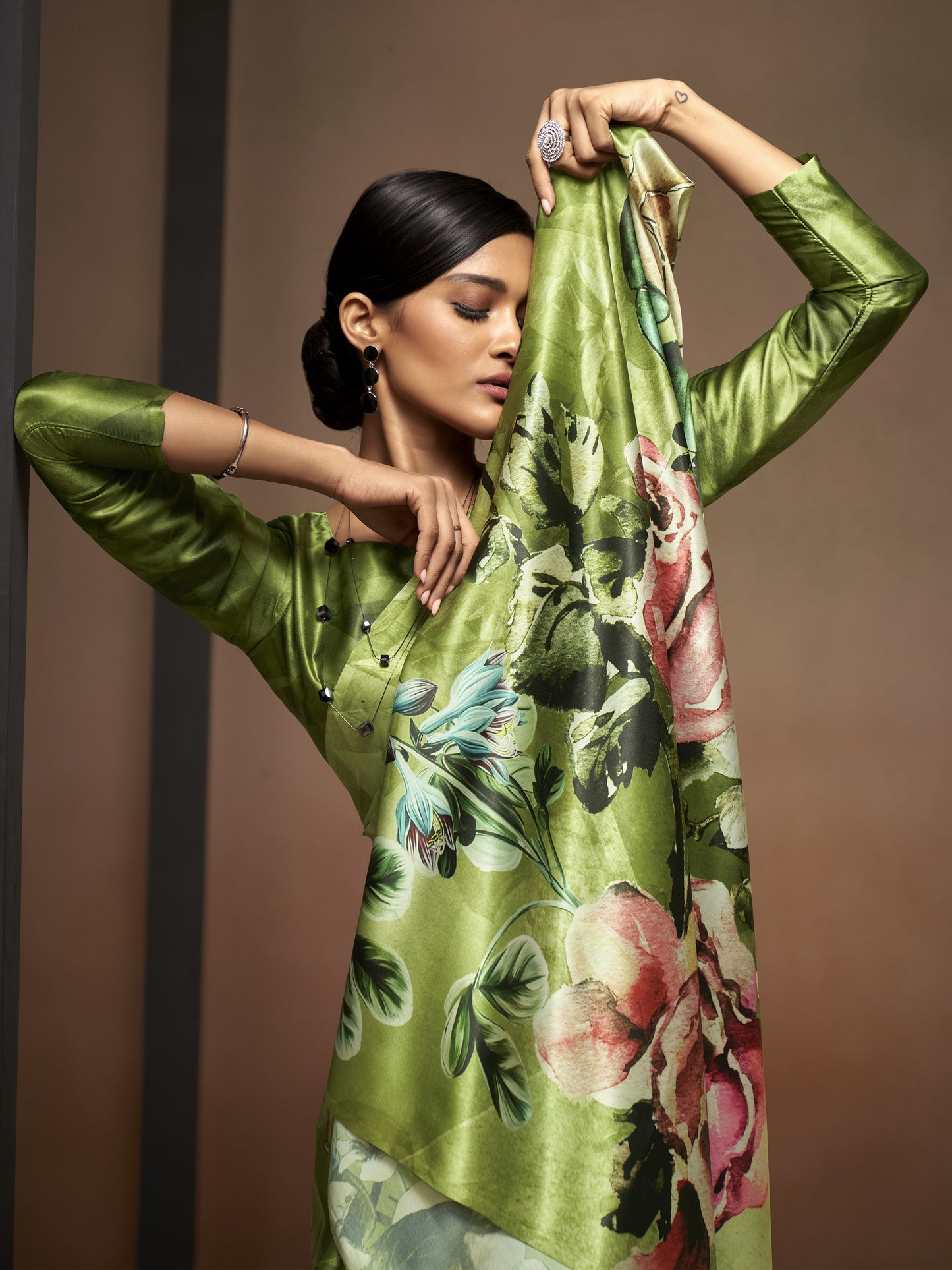 Olive Green Satin Silk Printed Saree