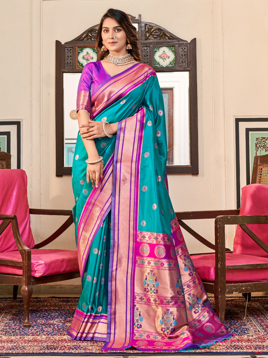 Turquoise Blue Woven Soft Silk Paithani Saree