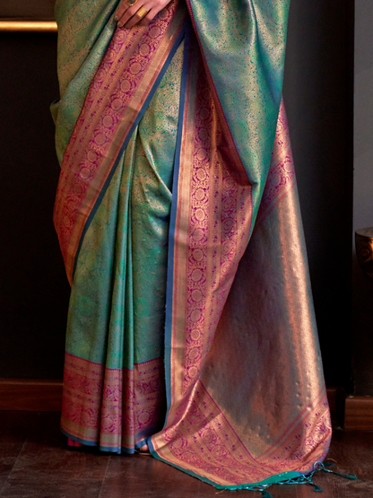 Sea Blue Woven Banarasi Silk Saree