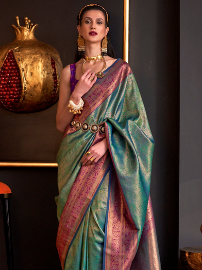 Sea Blue Woven Banarasi Silk Saree