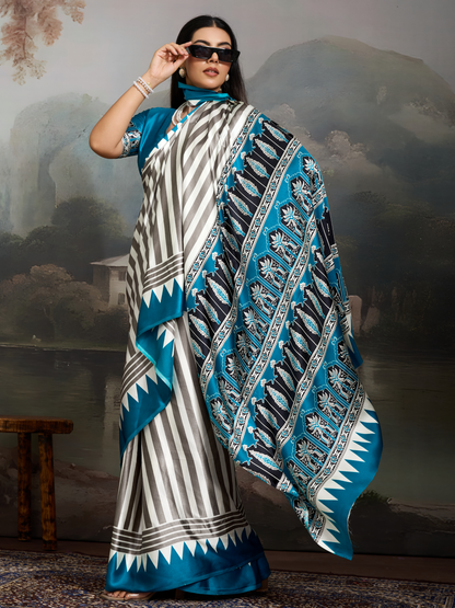 Sky Blue & White Printed Satin Silk Saree