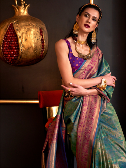 Sea Blue Woven Banarasi Silk Saree