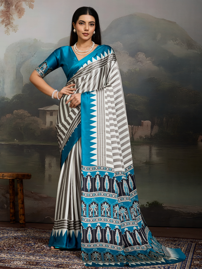 Sky Blue & White Printed Satin Silk Saree