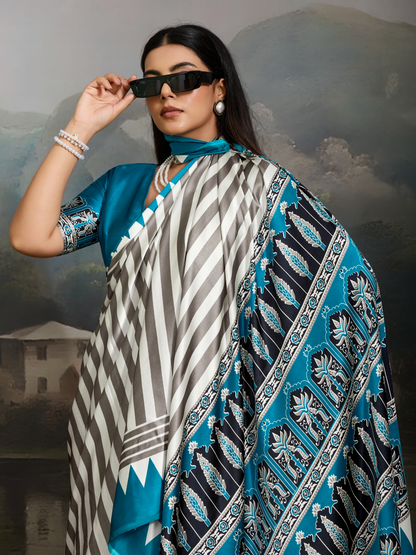 Sky Blue & White Printed Satin Silk Saree
