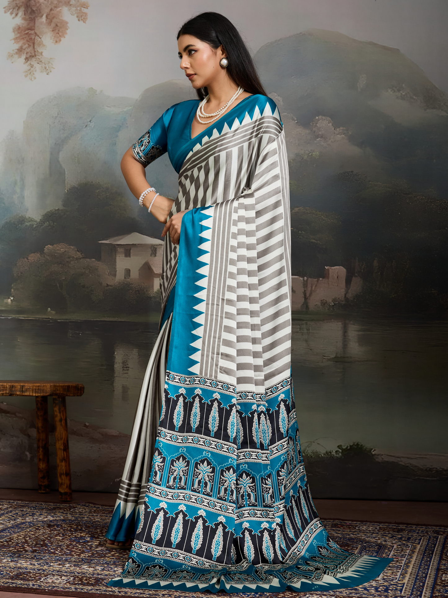 Sky Blue & White Printed Satin Silk Saree