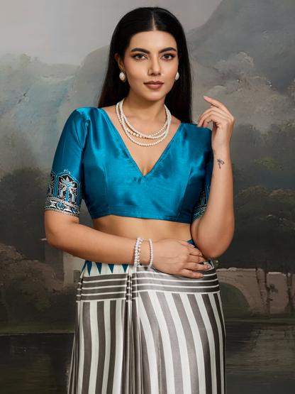 Sky Blue & White Printed Satin Silk Saree