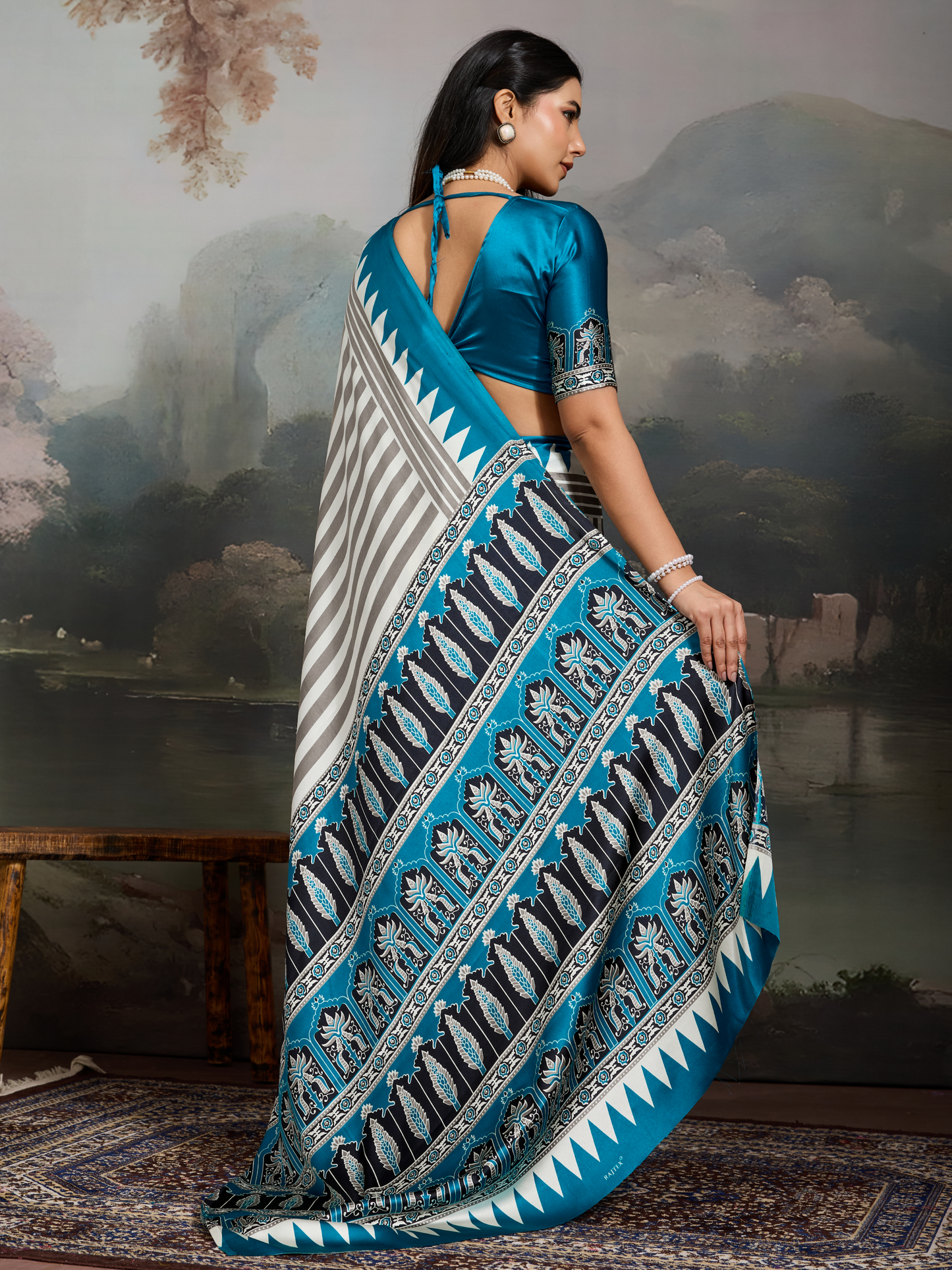Sky Blue & White Printed Satin Silk Saree