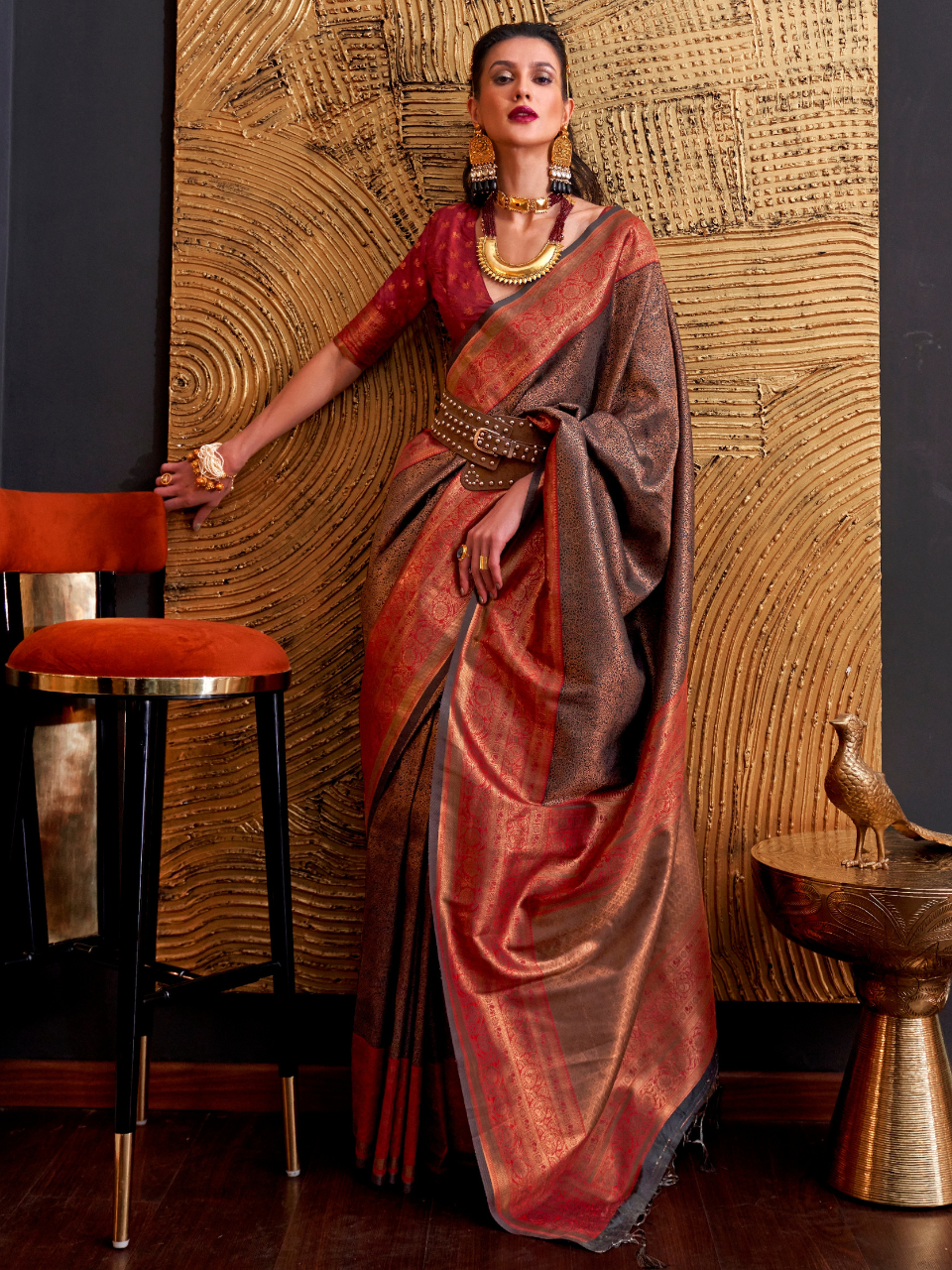 Umber Brown Woven Banarasi Silk Saree