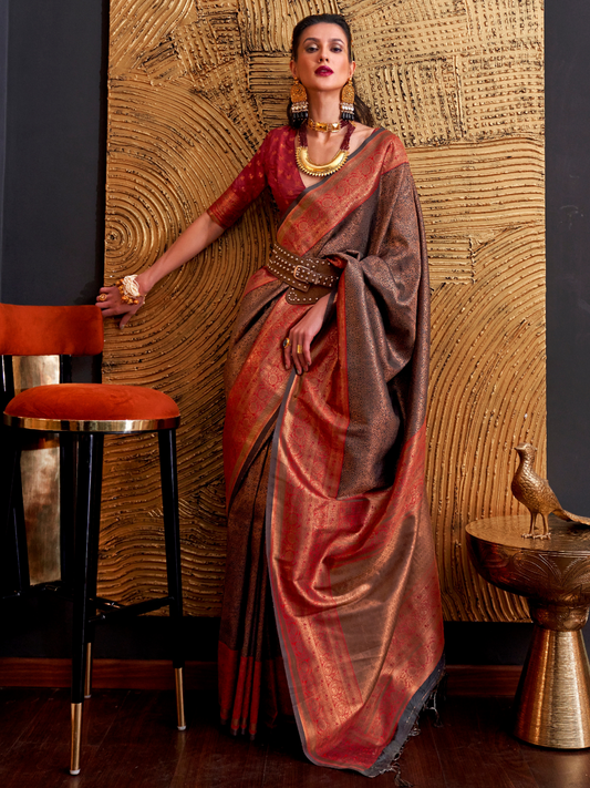 Umber Brown Woven Banarasi Silk Saree