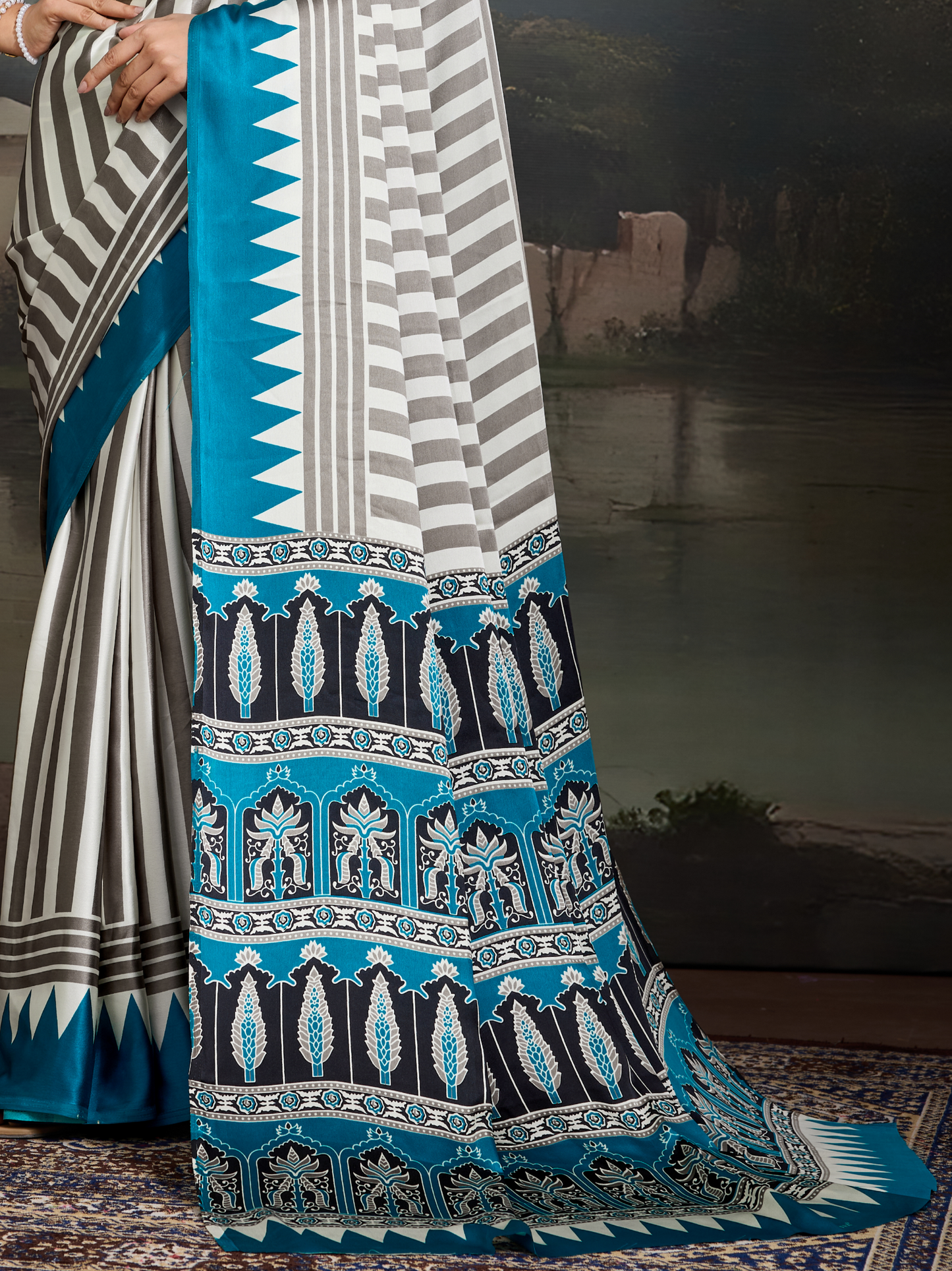Sky Blue & White Printed Satin Silk Saree