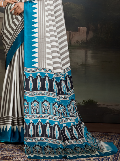 Sky Blue & White Printed Satin Silk Saree