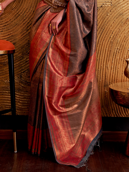 Umber Brown Woven Banarasi Silk Saree