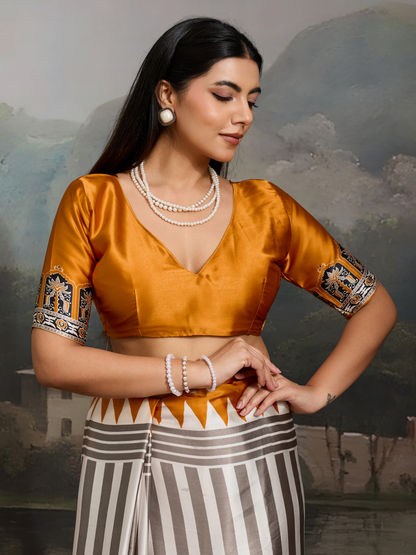 Yellow & White Printed Satin Silk Saree