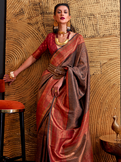 Umber Brown Woven Banarasi Silk Saree
