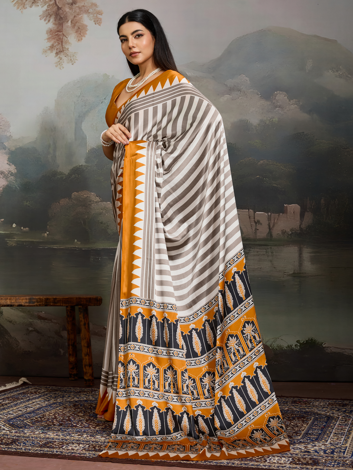 Yellow & White Printed Satin Silk Saree