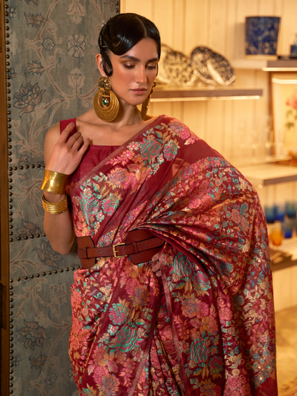 Sangria Red Woven Kashmiri Silk Saree