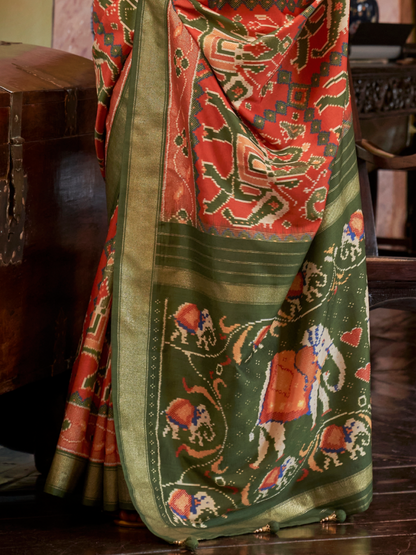 Portland Orange Woven Patola Tussar Silk Saree