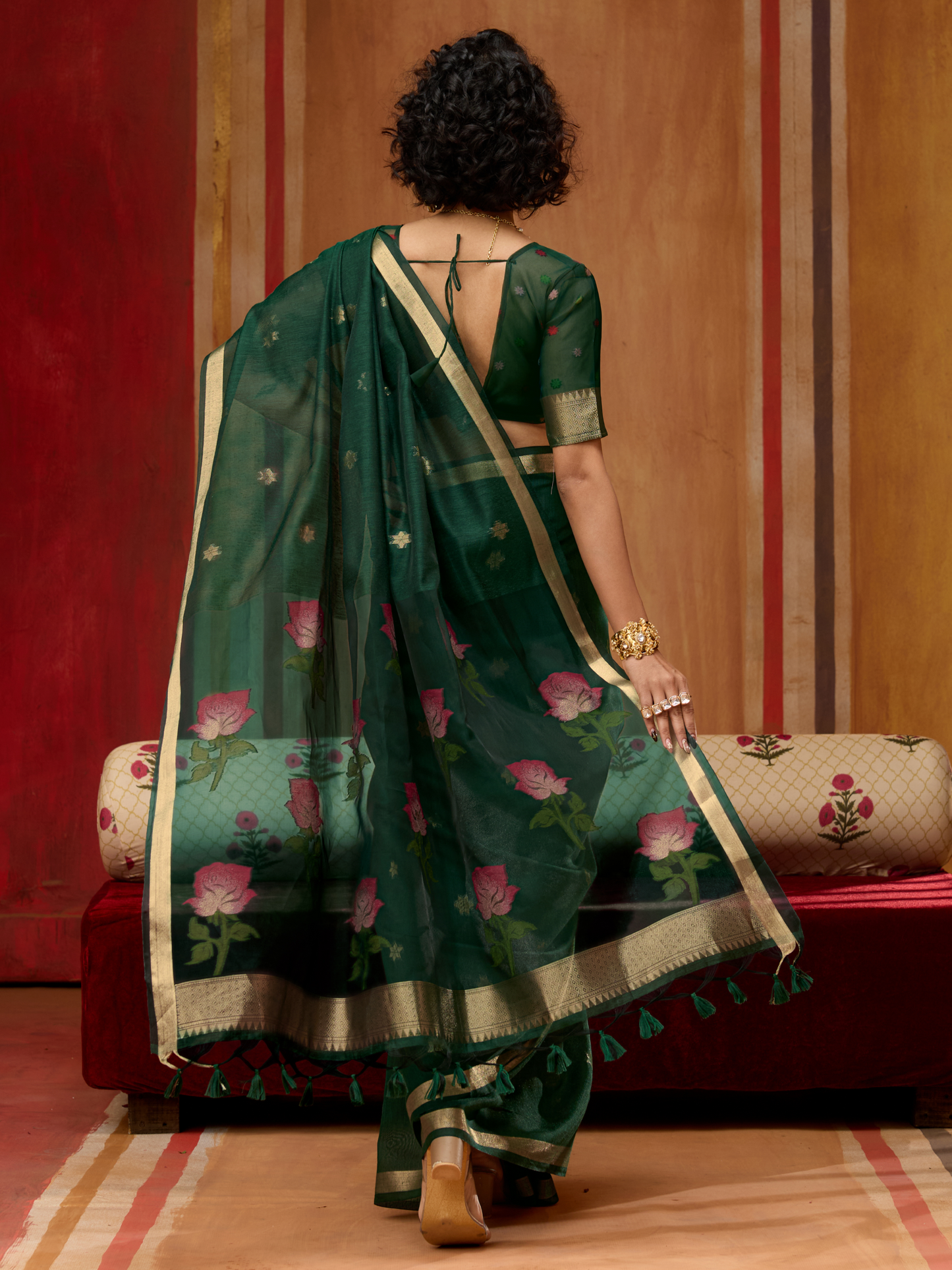 Midnight Green Spun cotton Weaving Saree