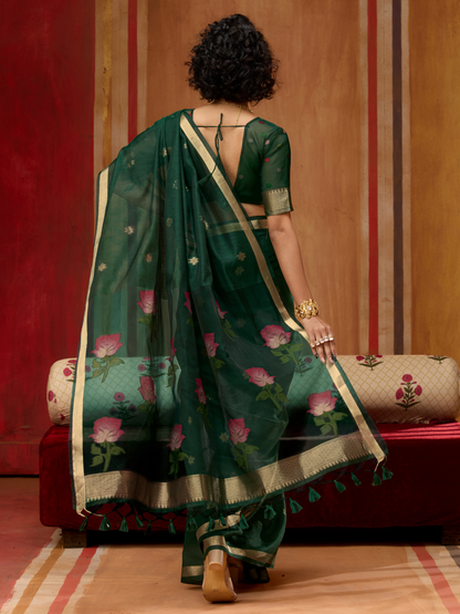 Midnight Green Spun cotton Weaving Saree