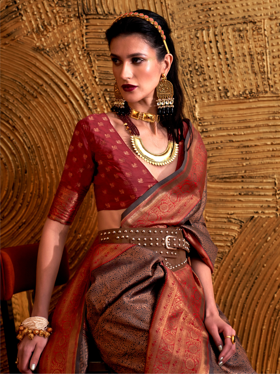 Umber Brown Woven Banarasi Silk Saree