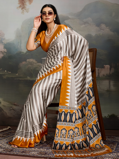 Yellow & White Printed Satin Silk Saree