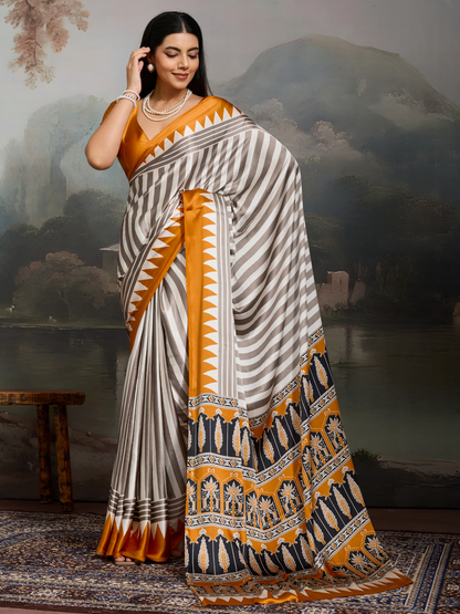 Yellow & White Printed Satin Silk Saree