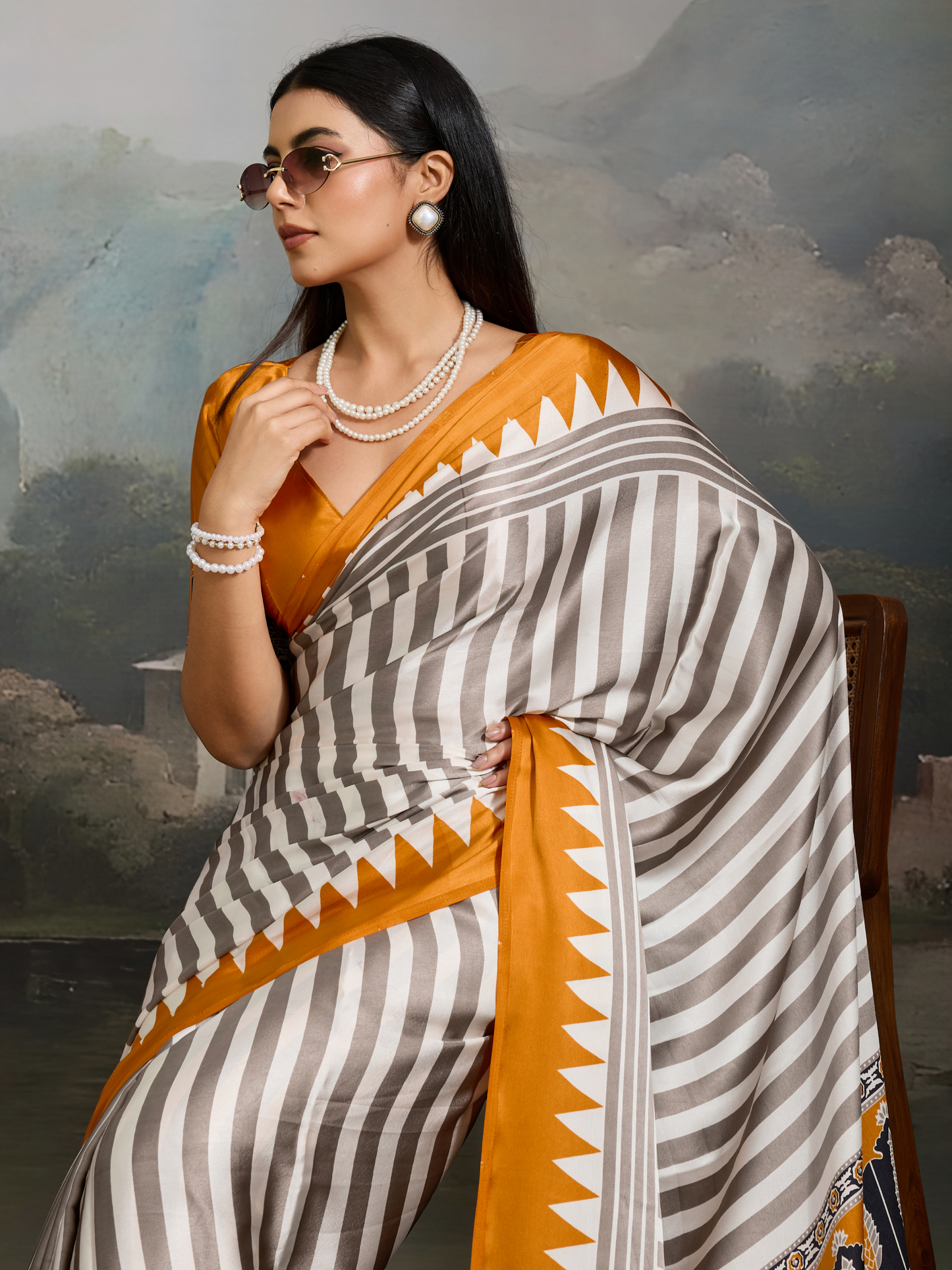 Yellow & White Printed Satin Silk Saree