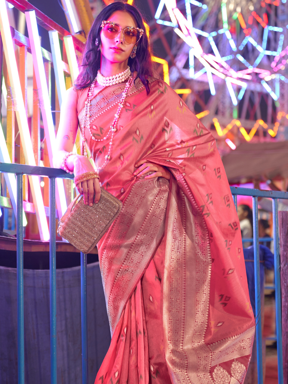 Strawberry Pink Woven Banarasi Soft Silk Saree