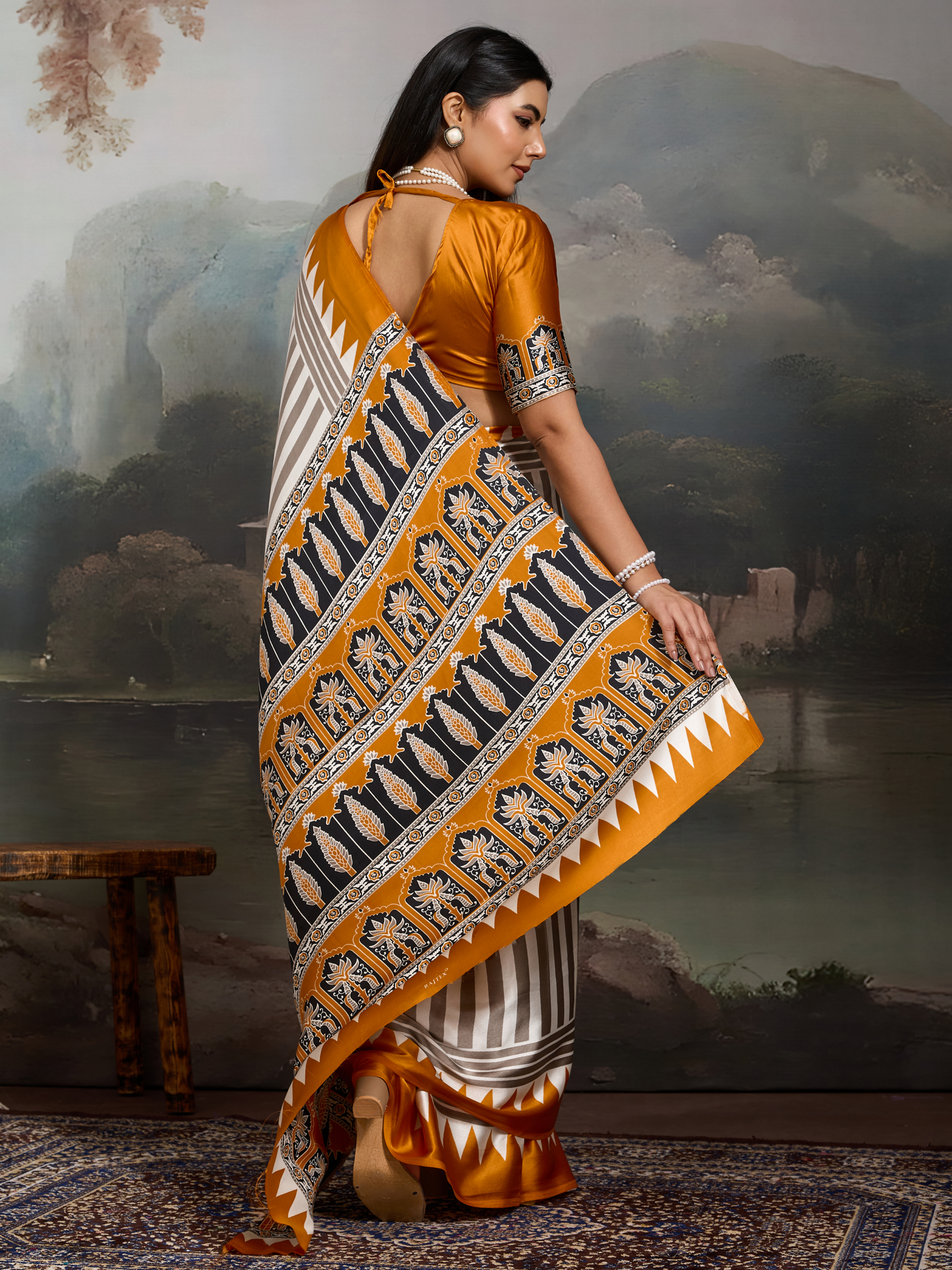 Yellow & White Printed Satin Silk Saree