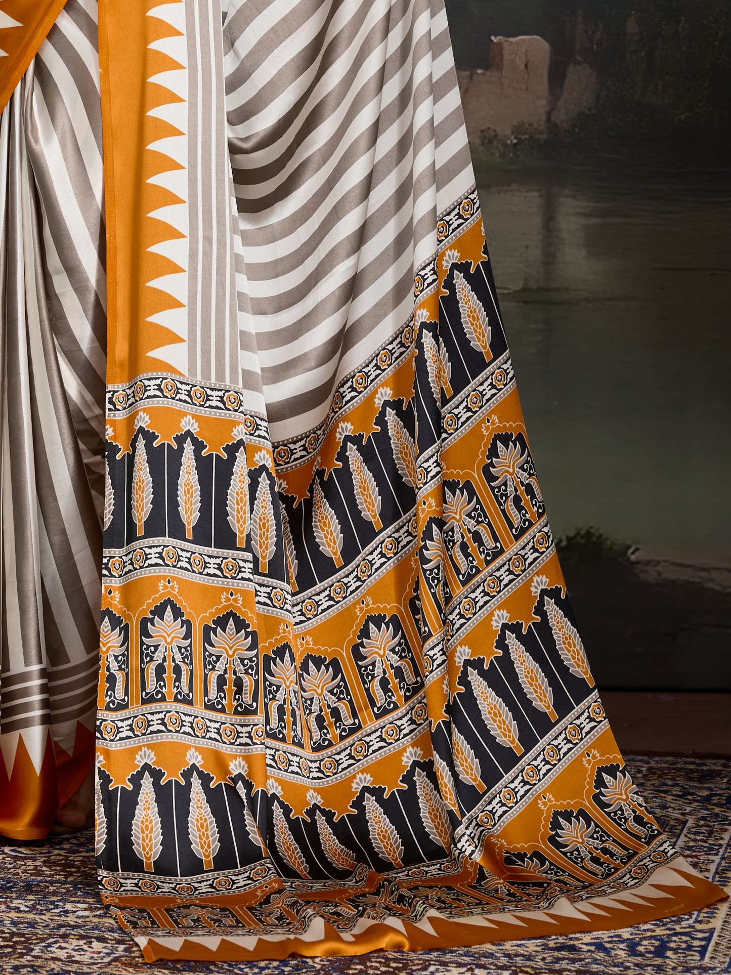 Yellow & White Printed Satin Silk Saree