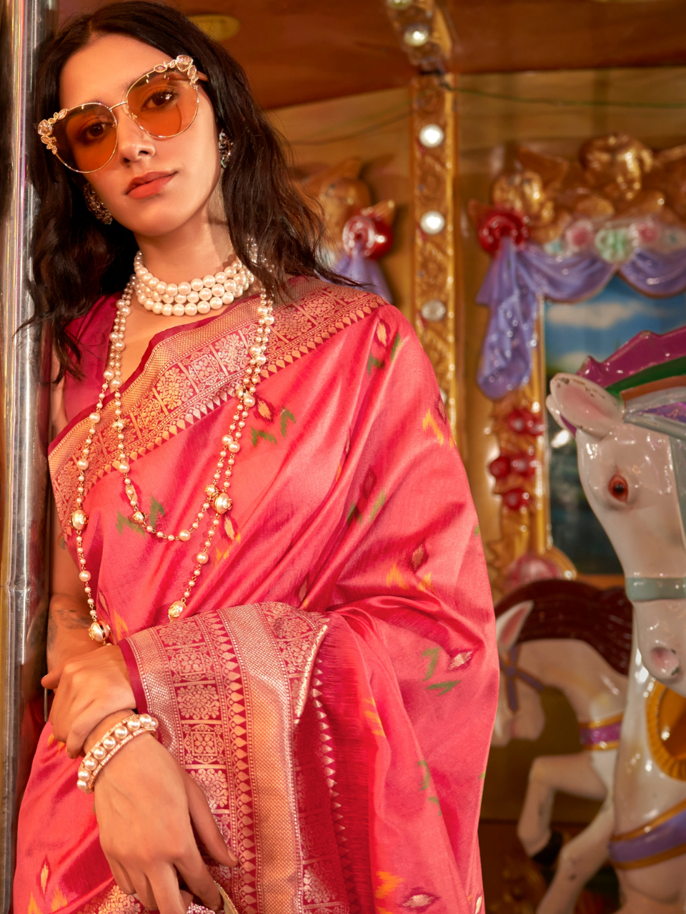 Strawberry Pink Woven Banarasi Soft Silk Saree