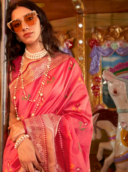 Strawberry Pink Woven Banarasi Soft Silk Saree