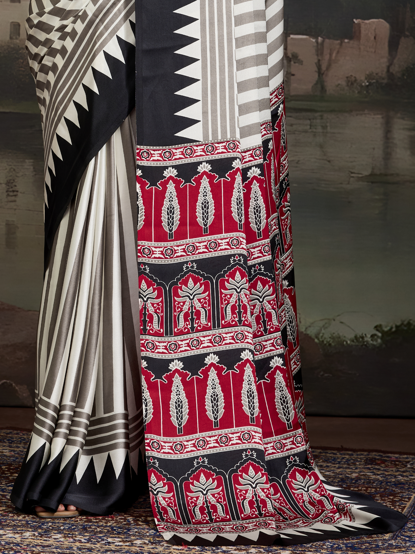 Black & White Printed Satin Silk Saree